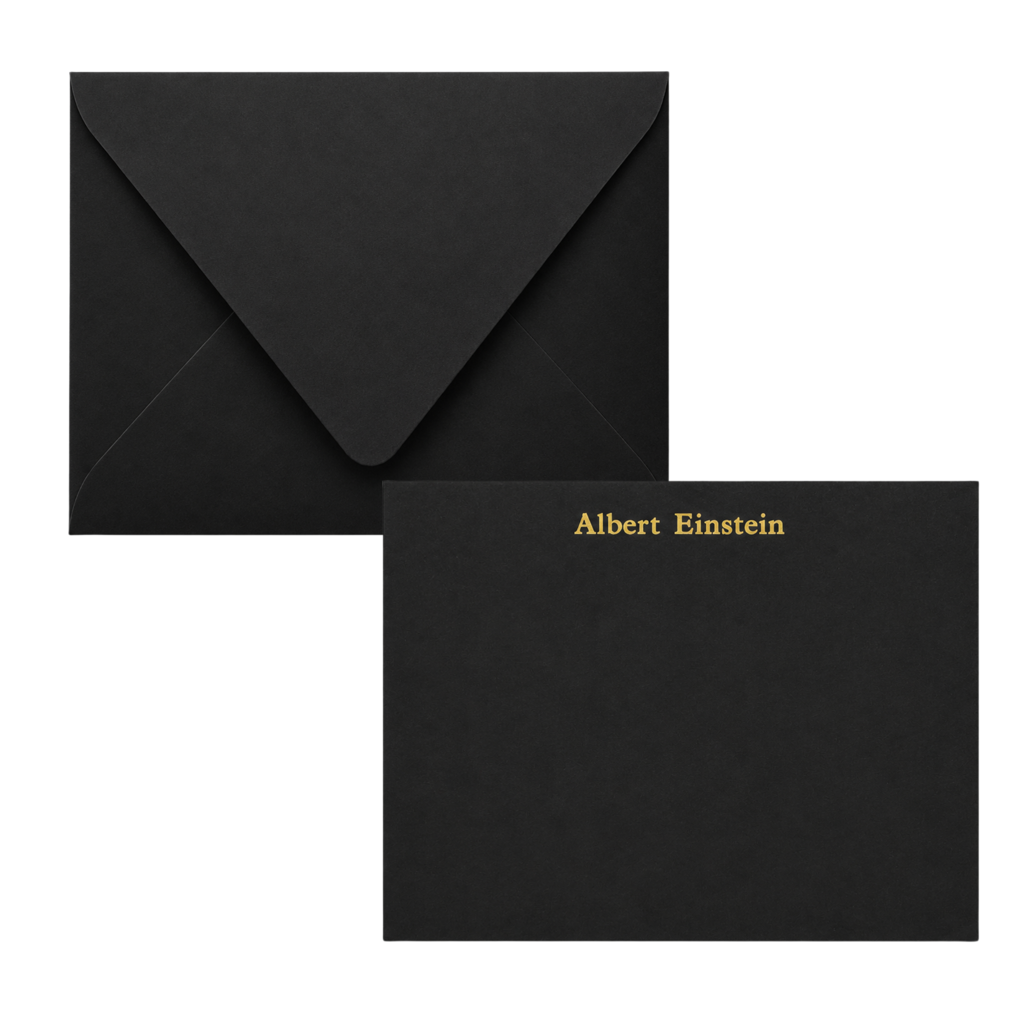 black notecard and matching envelope with gold foil embossing personalization