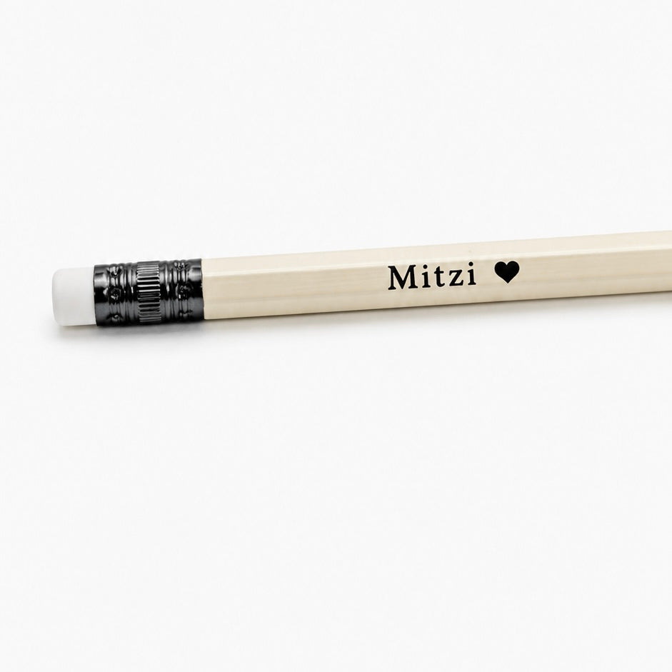 off white pencil with black ferrule and black foil personalization