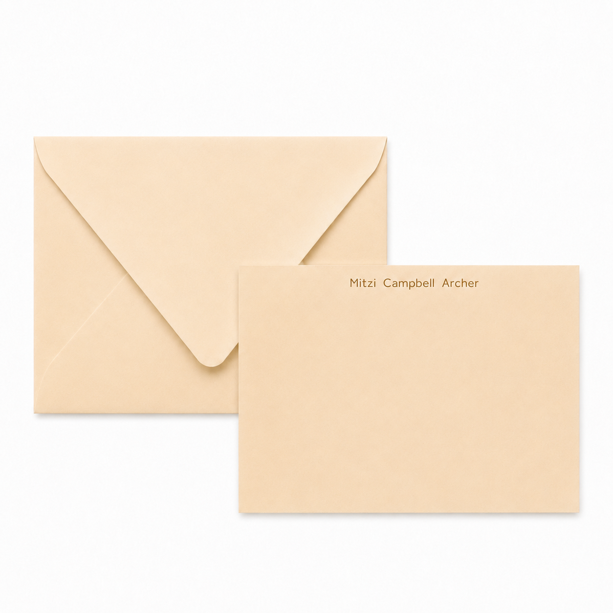 Beige envelope and card with 'personalized' text on a white background