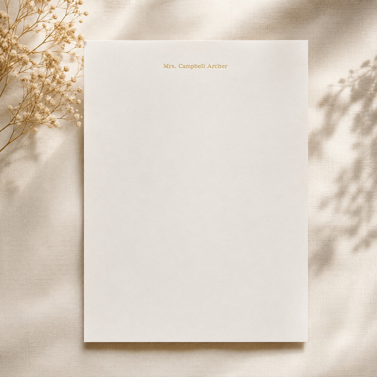 off white letterhead correspondence paper with gold foil personalization