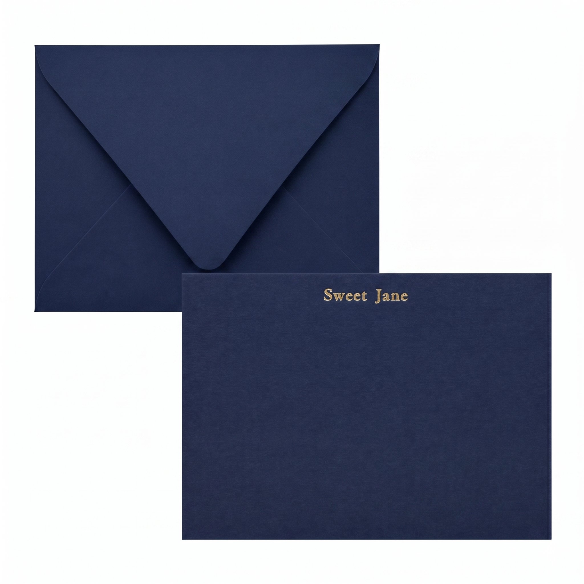 navy blue notecard and matching envelope gold foil personalization