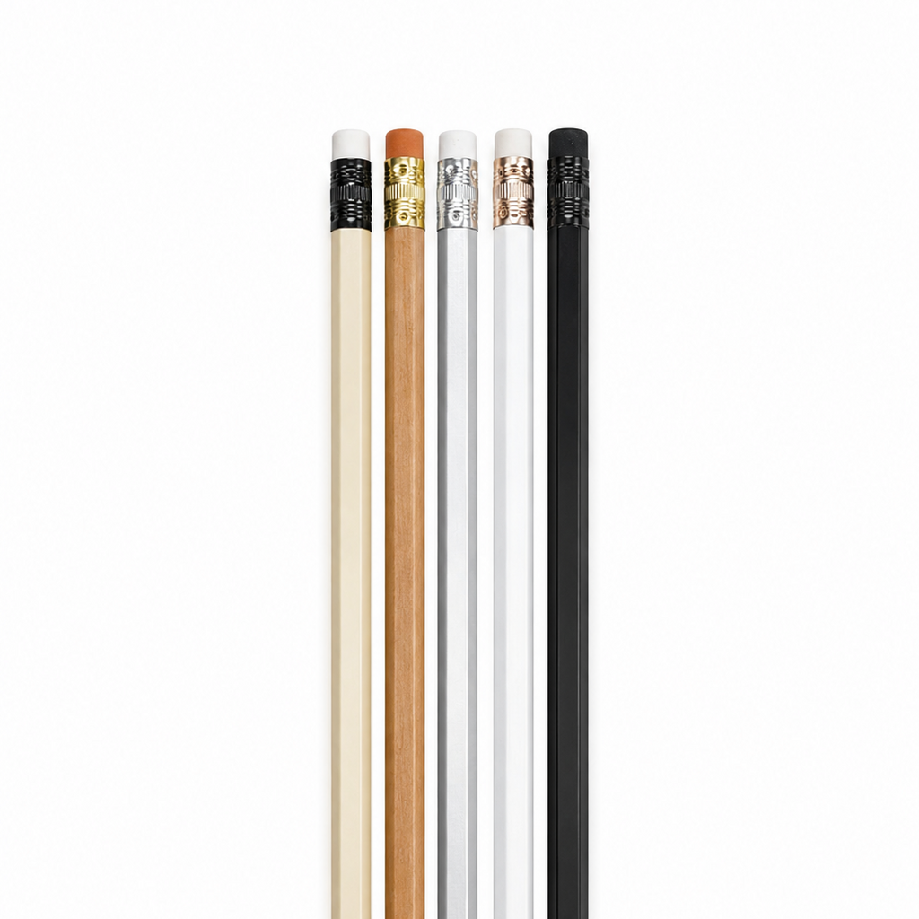 four wooden pencils in off white, natural wood, silver, white and black on a white background