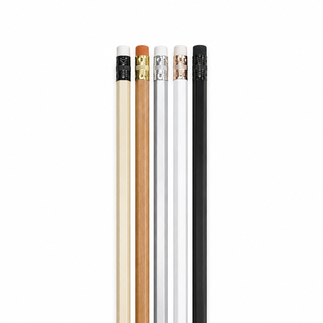 four wooden pencils in off white, natural wood, silver, white and black on a white background