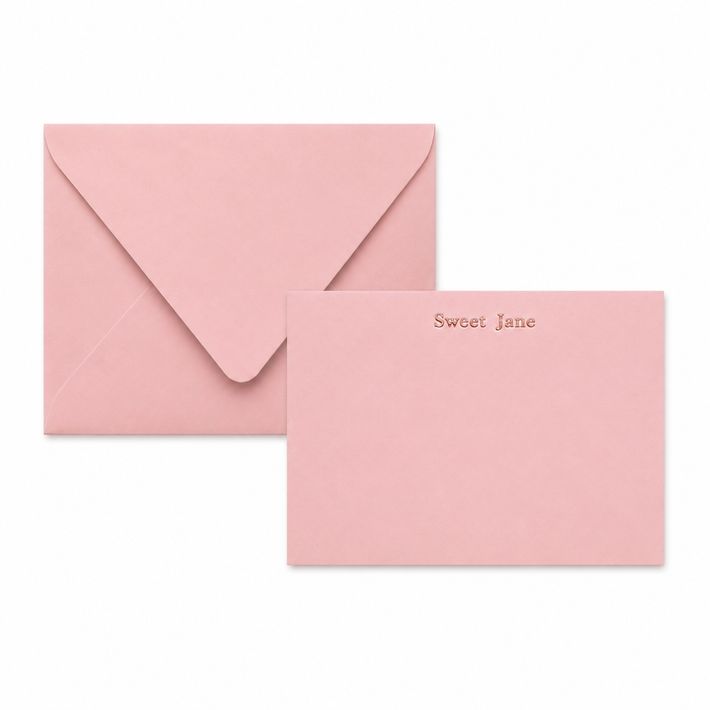pink notecard and envelope custom name personalized foil embossed