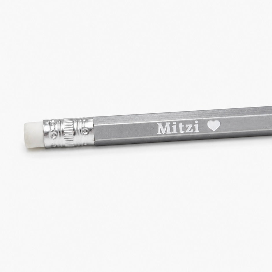 silver pencil with silver ferrule and white foil personalization