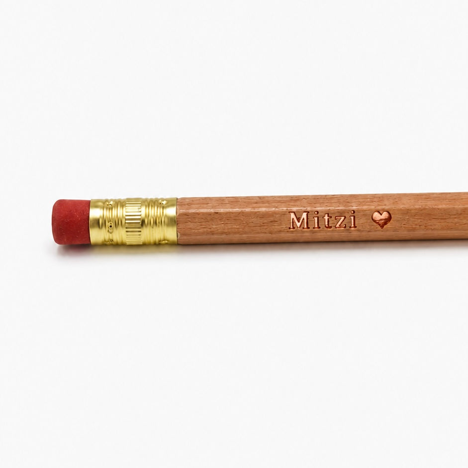 natural wood pencil with gold ferrule and copper foil personalization