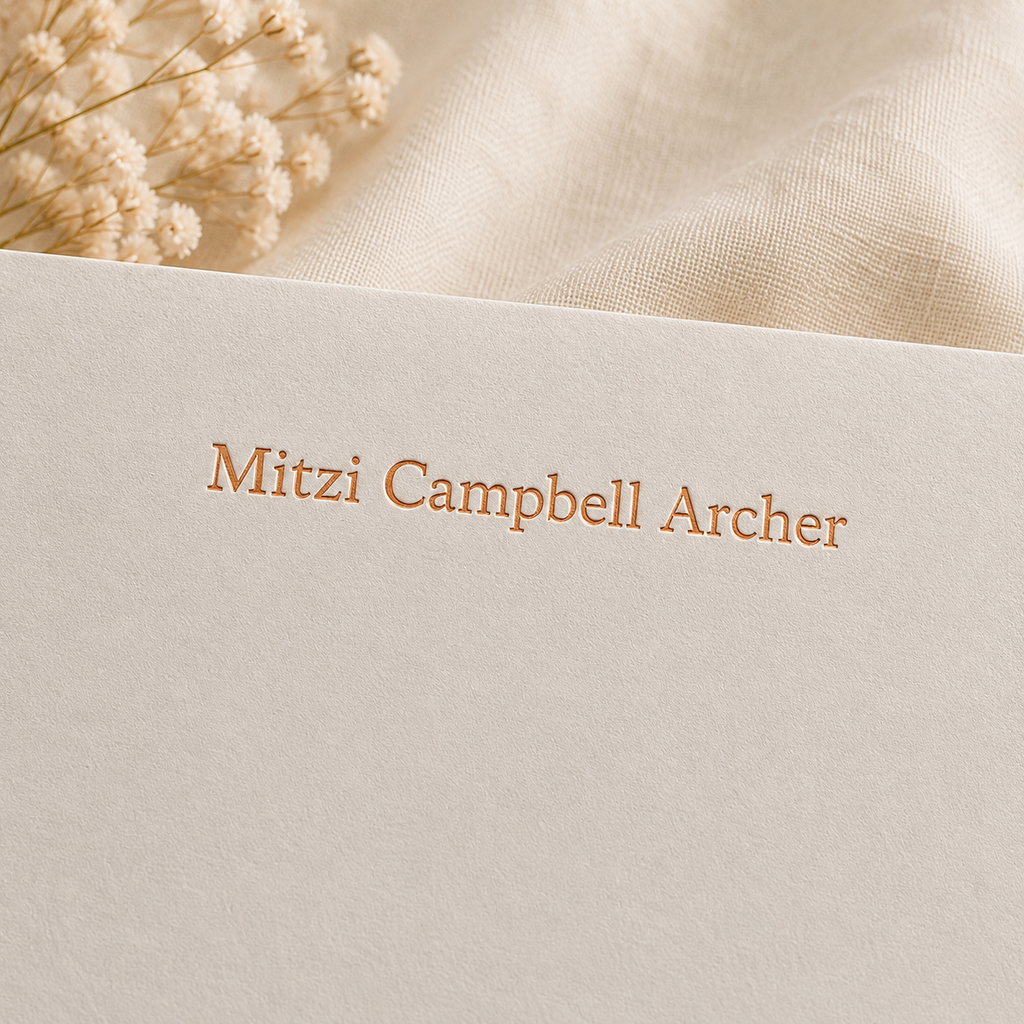 off white letterhead correspondence paper with copper foil personalization