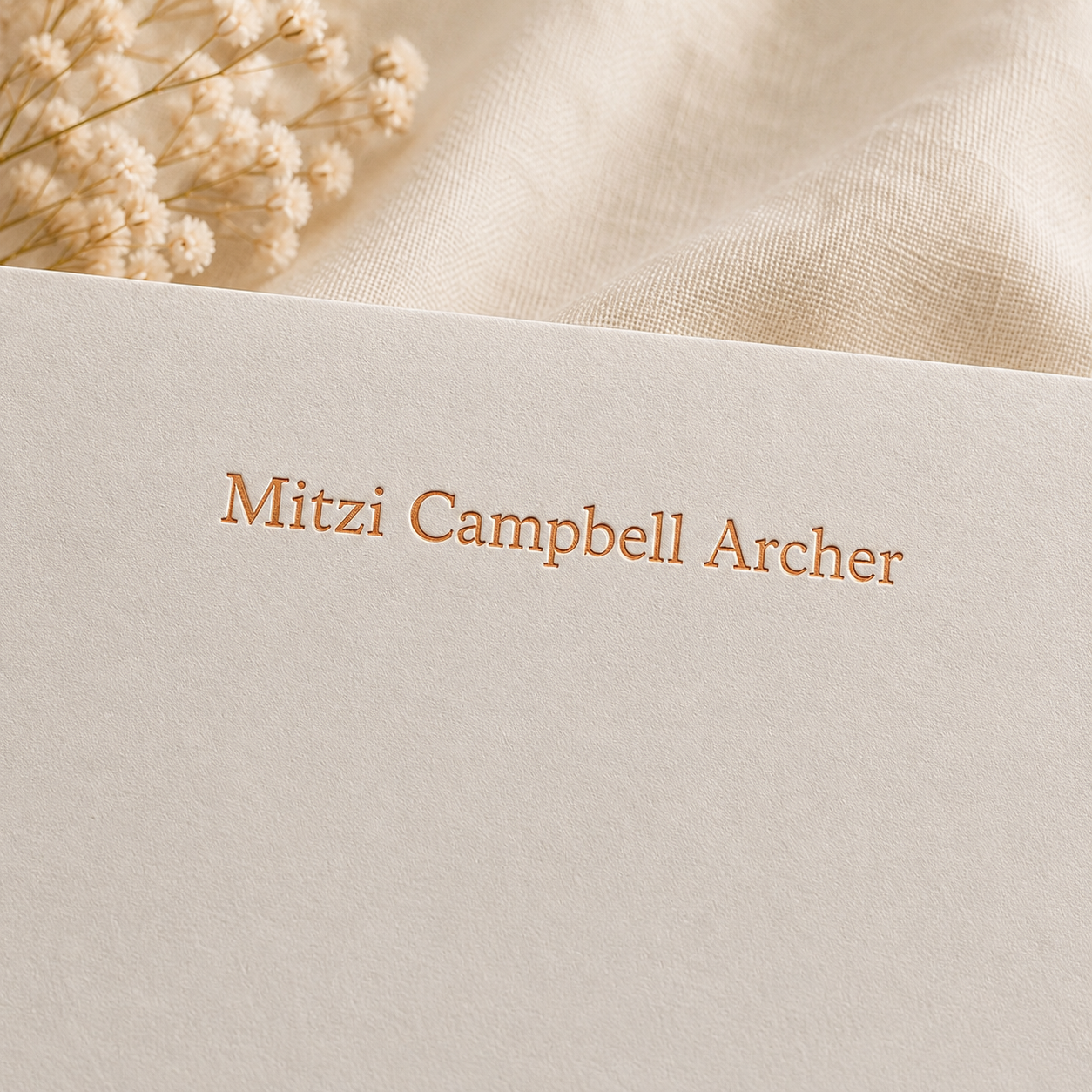 off white letterhead correspondence paper with copper foil personalization