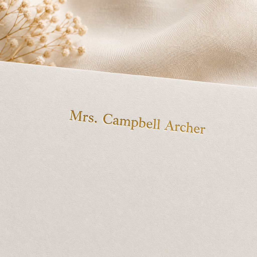 off white letterhead correspondence paper with gold foil personalization