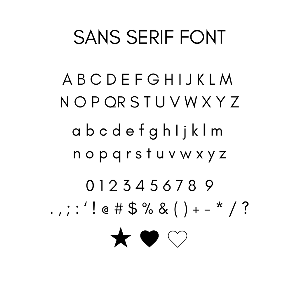 Sans serif font preview showing uppercase and lowercase letters, numbers, punctuation marks, and three star icons in black on a white background.