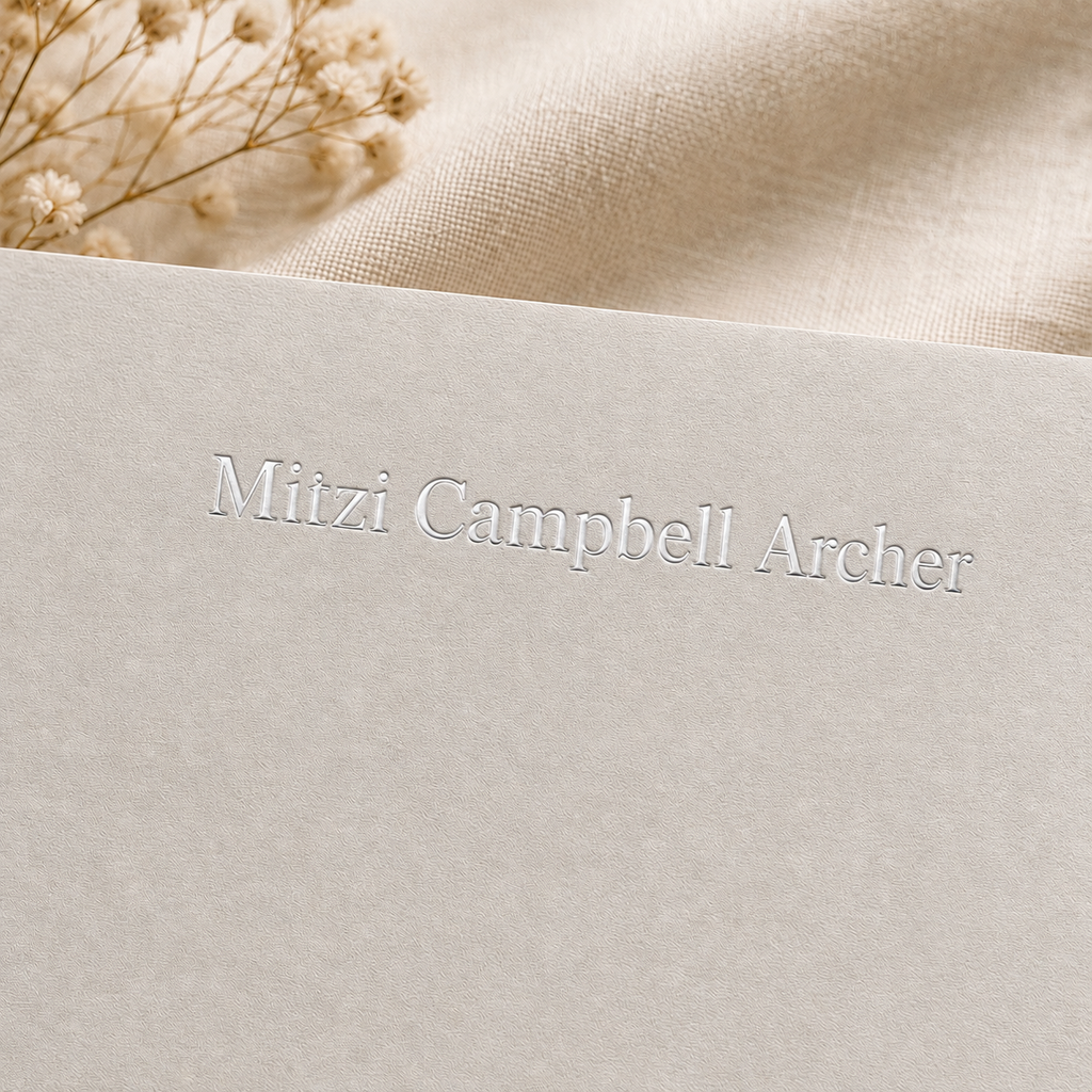 off white letterhead correspondence paper with silver foil personalization