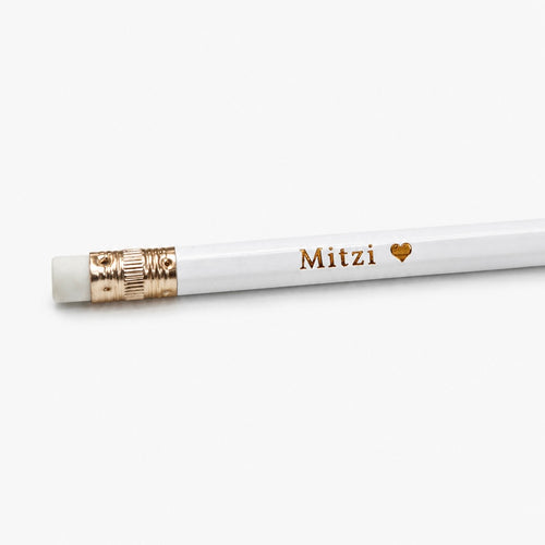white pencil with gold ferrule and copper foil personalization
